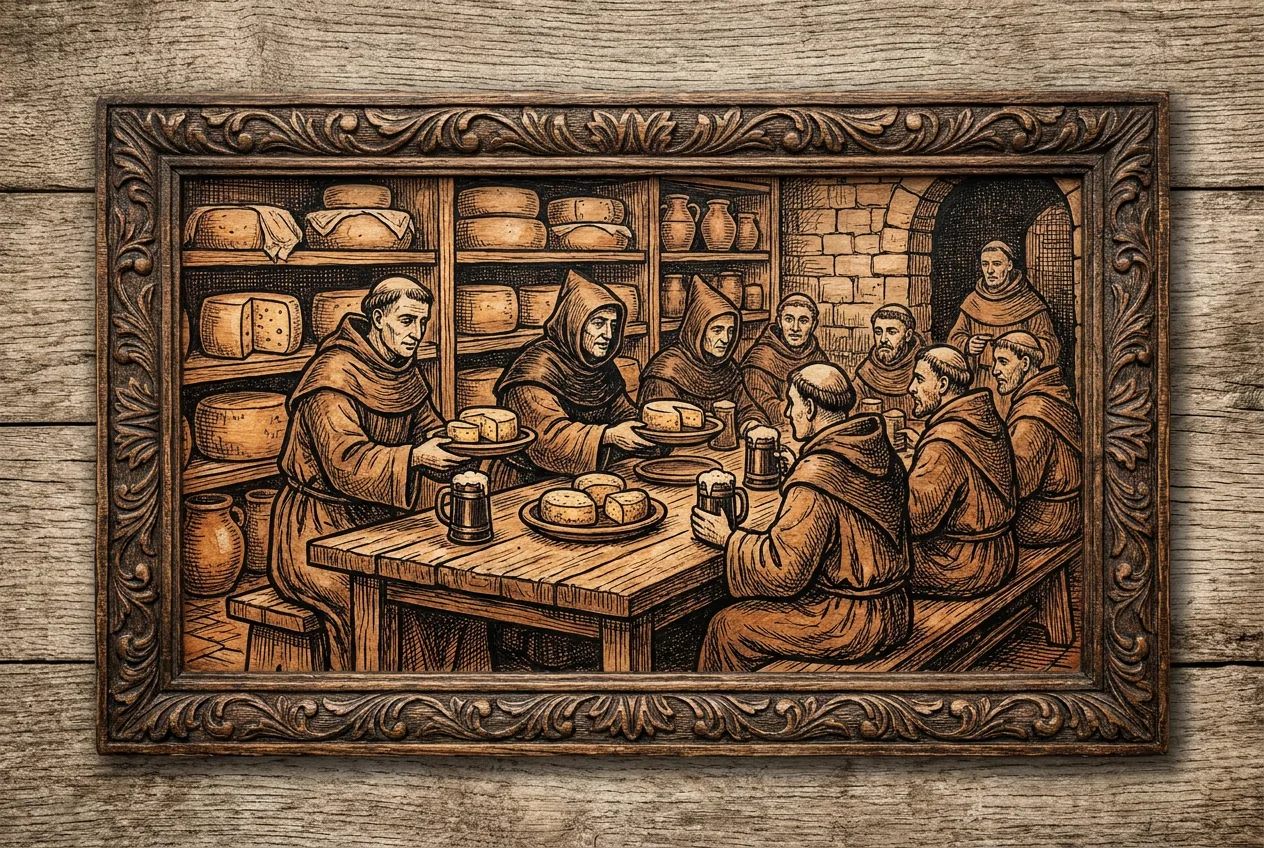 Mönche, die gereiften Käse und Krüge mit Trappistenbier im Refektorium des Klosters servieren, im Stil eines Holzstichs