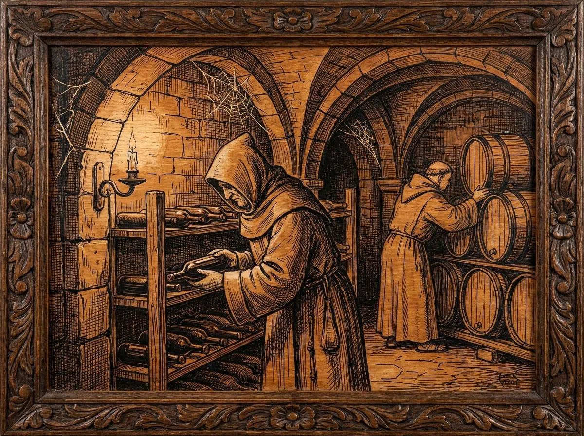 Monaco in cantina che dispone bottiglie di birra ad invecchiare su scaffali di legno