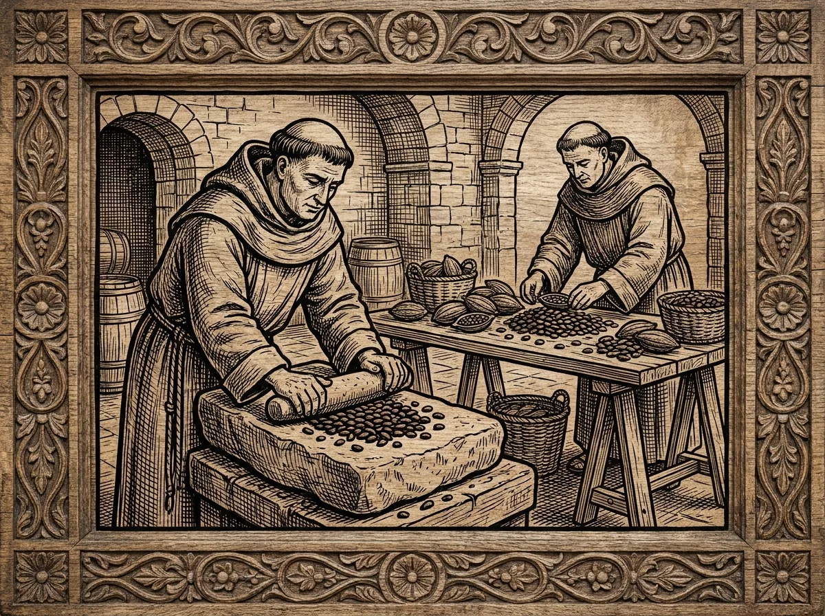 Mönch, der geröstete Kakaobohnen auf einem Arbeitsstein mahlt, mit Kakaoschoten und Bohnen auf dem Tisch, Holzschnitt-Illustration