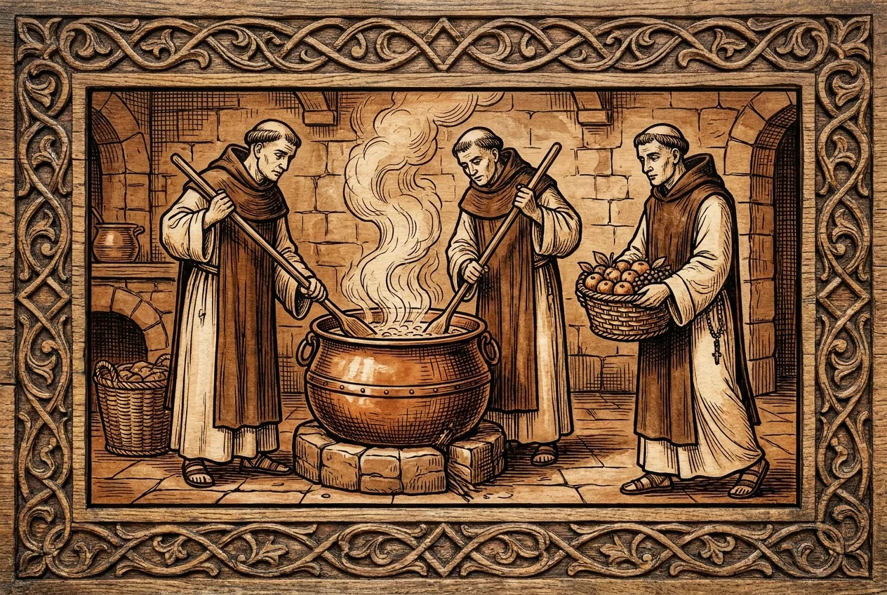 Mönche rühren in der Klosterküche in einem großen Kupferkessel Fruchtkonfitüre um, daneben Körbe mit frischen Früchten, Holzschnitt-Illustration