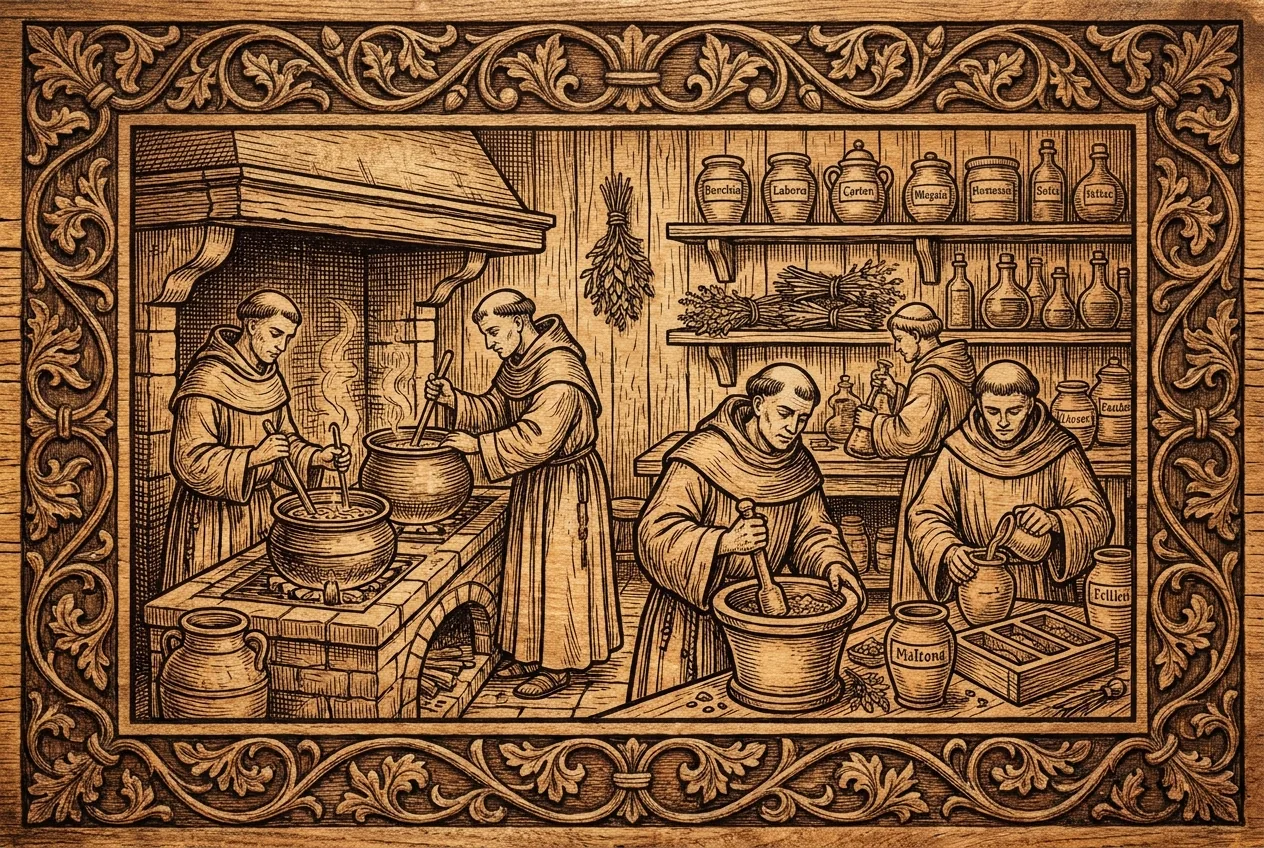 Mönche, die in der Kräuterwerkstatt natürliche Balsame und Seifen herstellen, mit Gefäßen voller Öle und getrockneter Kräuter in den Regalen, Holzschnitt-Illustration