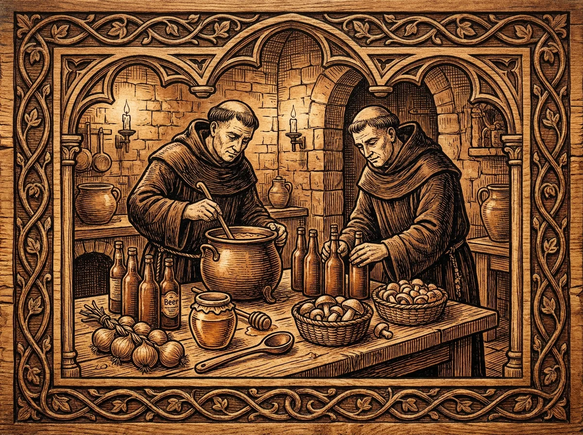 Tisch in der Klosterküche mit Bierflaschen, Zwiebeln, Pilzen, Honig und einem Holzlöffel