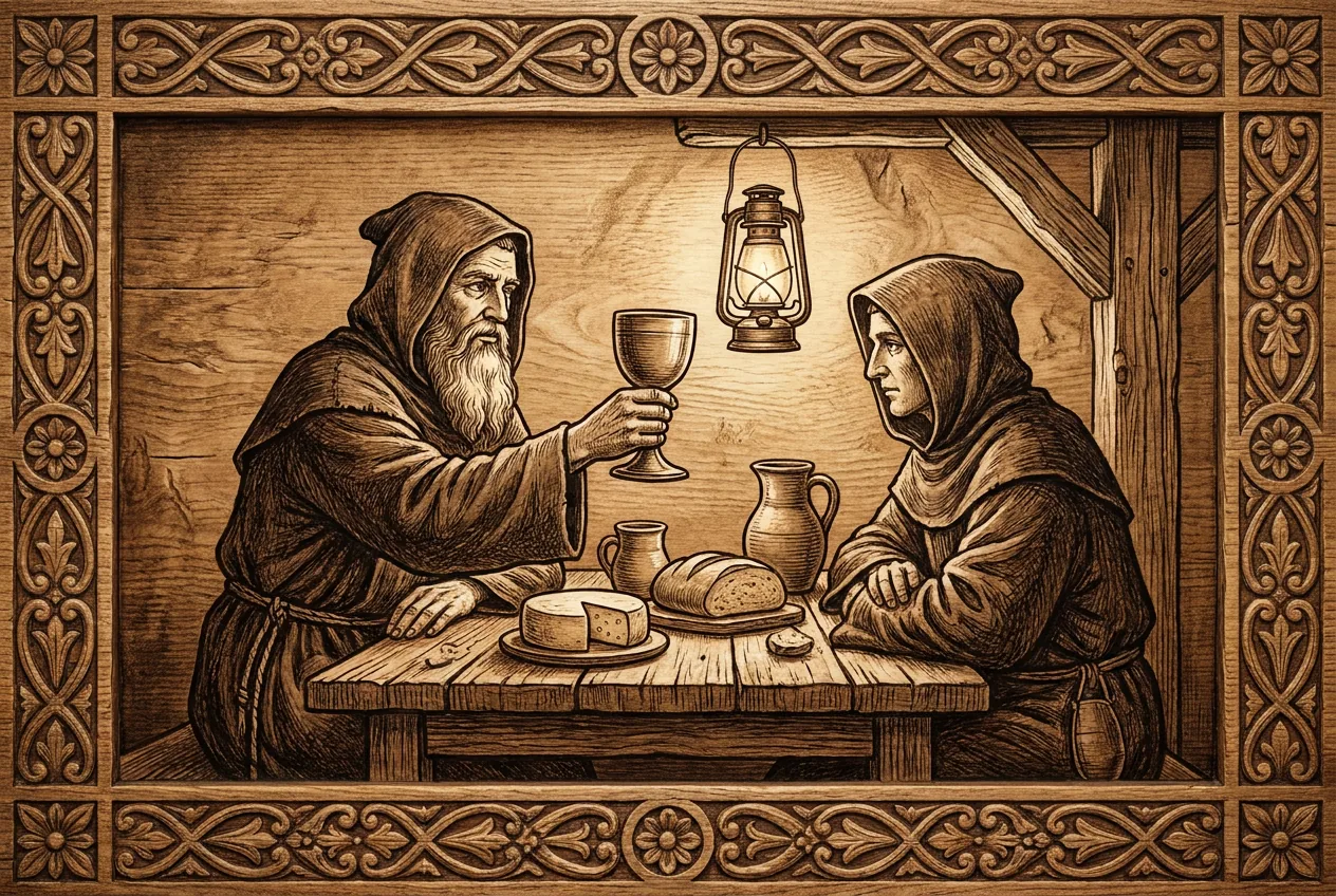 Monk serving a glass of Trappist beer at a wooden table with bread and cheese, in a woodcut style
