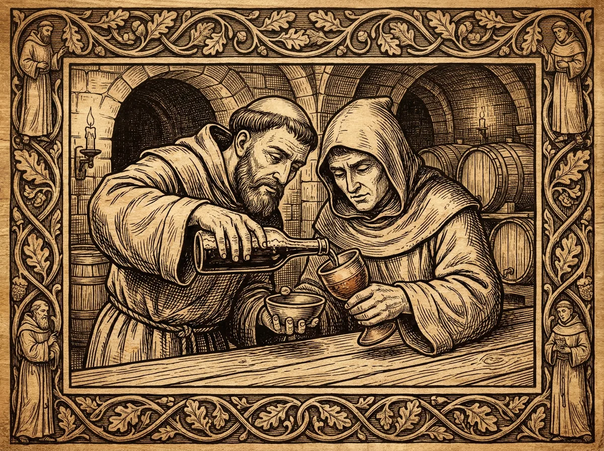 Monk pouring dark beer into a tilted glass, leaving yeast sediment in the bottle