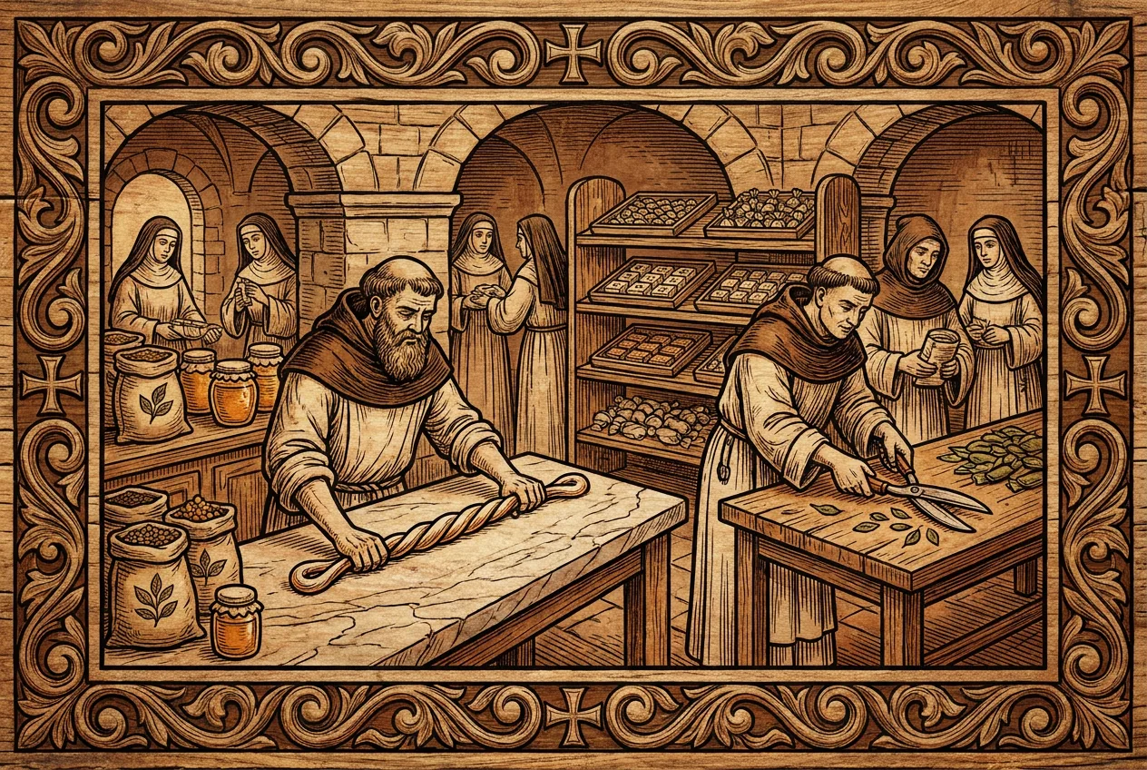 Monaci e monache che preparano caramelle e dolci nella cucina del convento, tirando lo zucchero e tagliando pastiglie alle erbe, illustrazione in stile incisione su legno