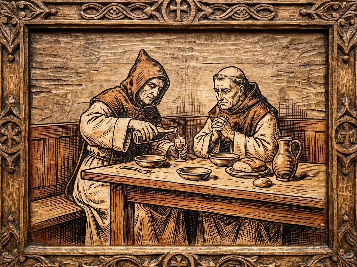 Mönch, der nach dem Essen ein kleines Glas dunklen Digestif-Likör am Tisch einschenkt