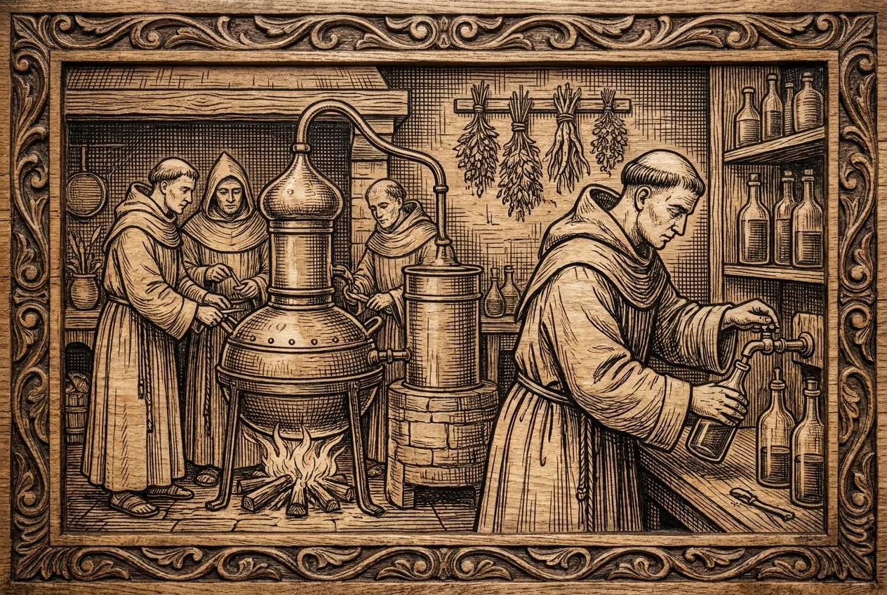 Monks distilling an herbal liqueur in a copper still in the monastery distillery, woodcut style illustration