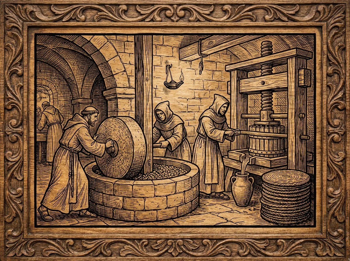 Moines travaillant sur un ancien moulin en pierre, avec l'huile s'écoulant dans une jarre en terre cuite