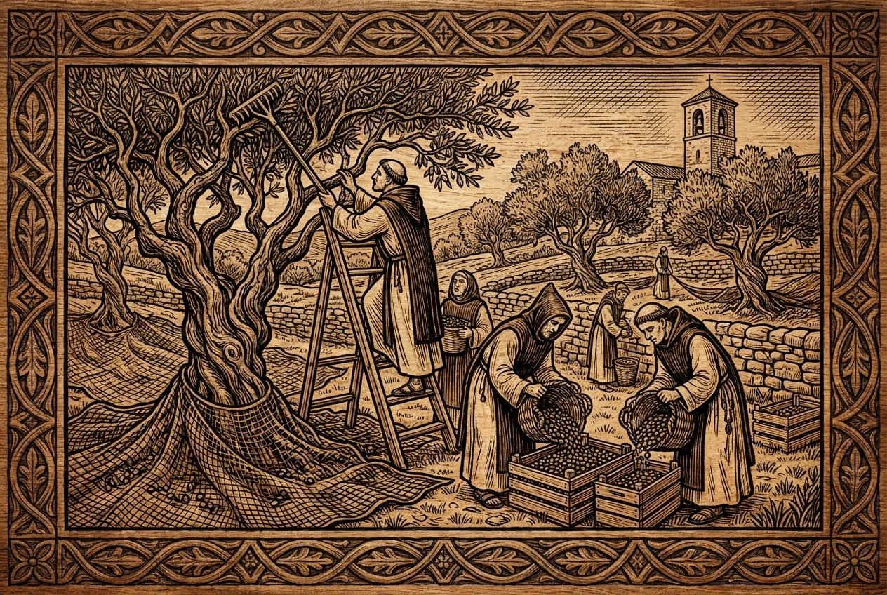 Moines récoltant des olives dans l'oliveraie du monastère, avec des filets tendus sous les arbres et des paniers pleins, dans le style d'une gravure sur bois