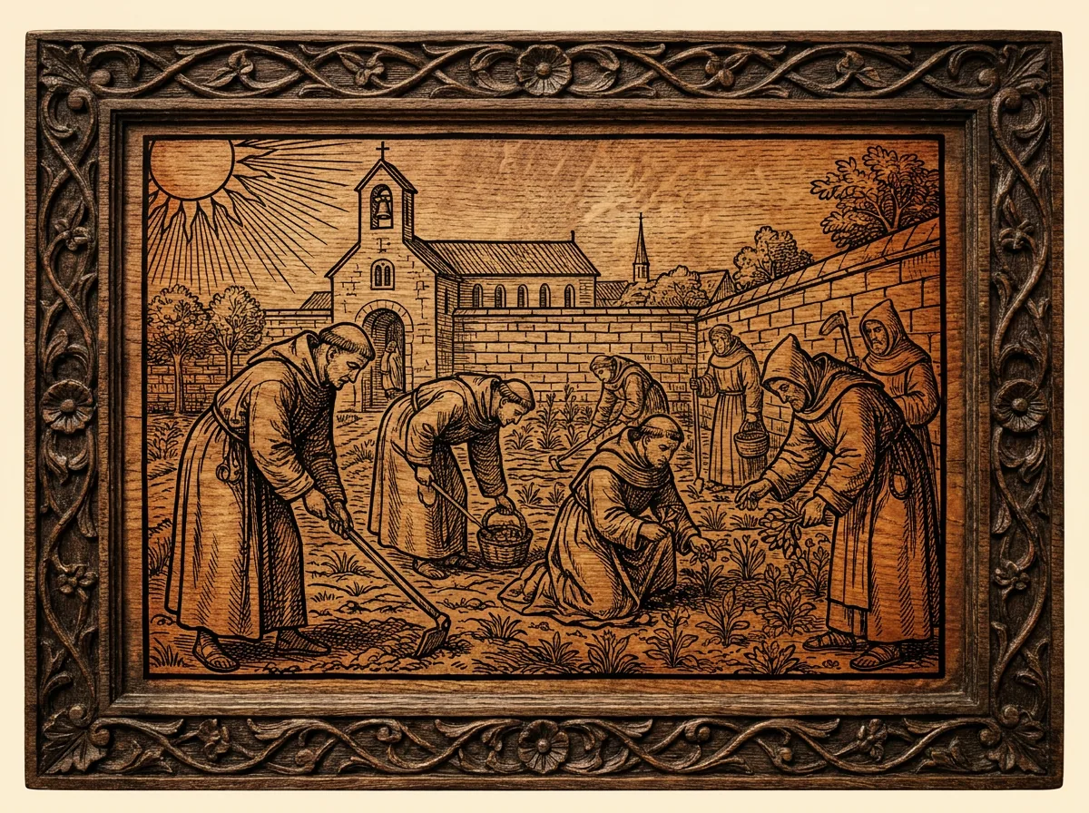 Monks working in the fields and gardens of the abbey under the sun, in woodcut style