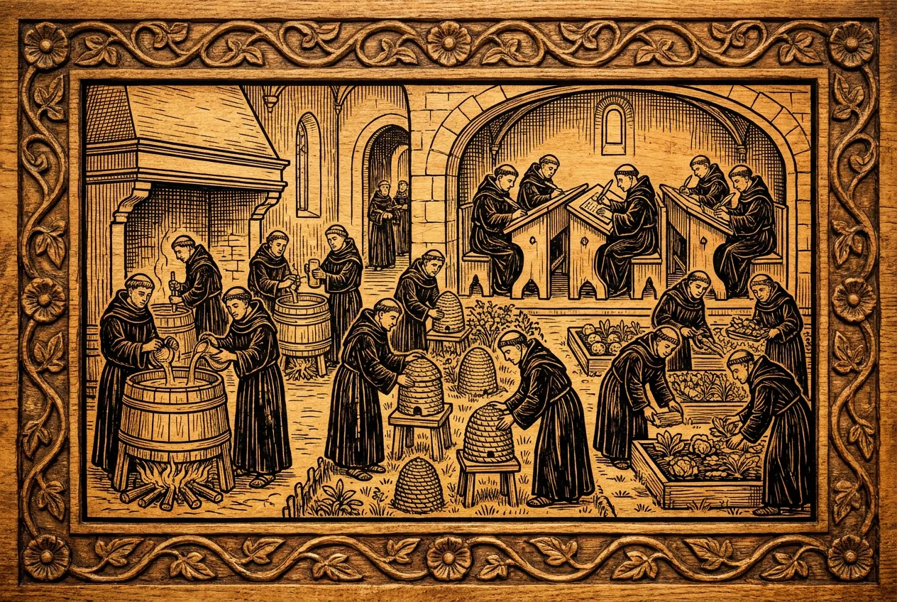 Monks at work with beer, bees, a garden, and writing in an abbey cloister, in woodcut style