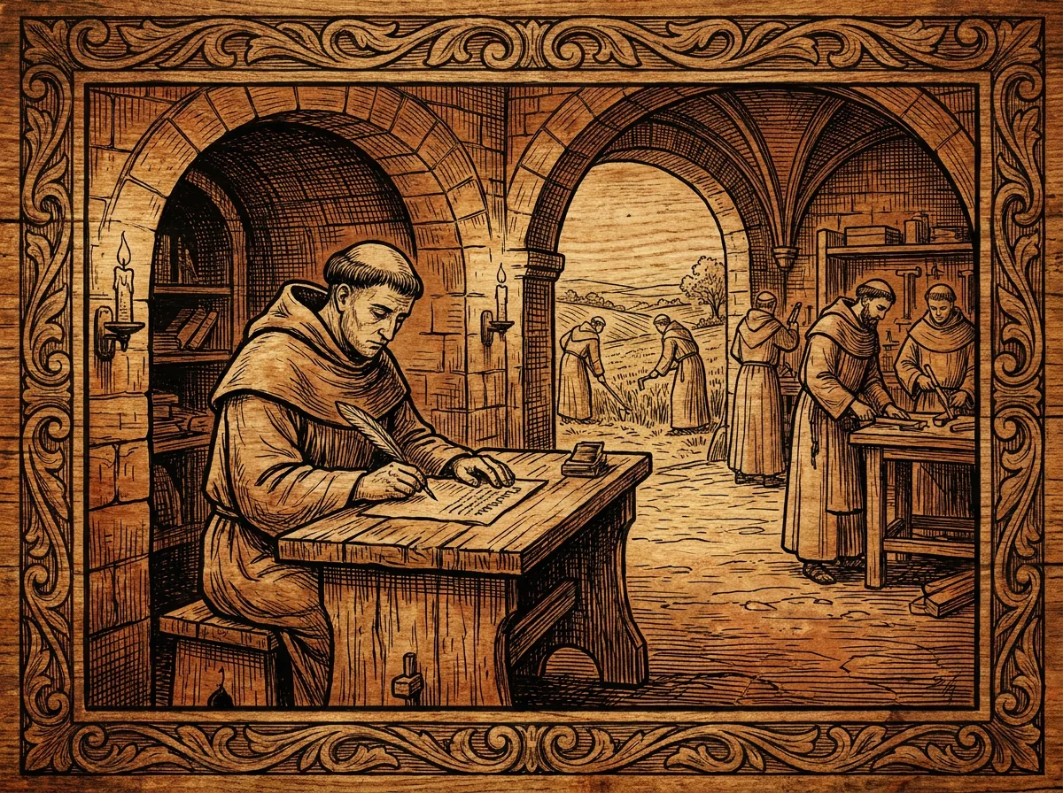 Monk writing in the scriptorium while others work, symbolizing ora et labora