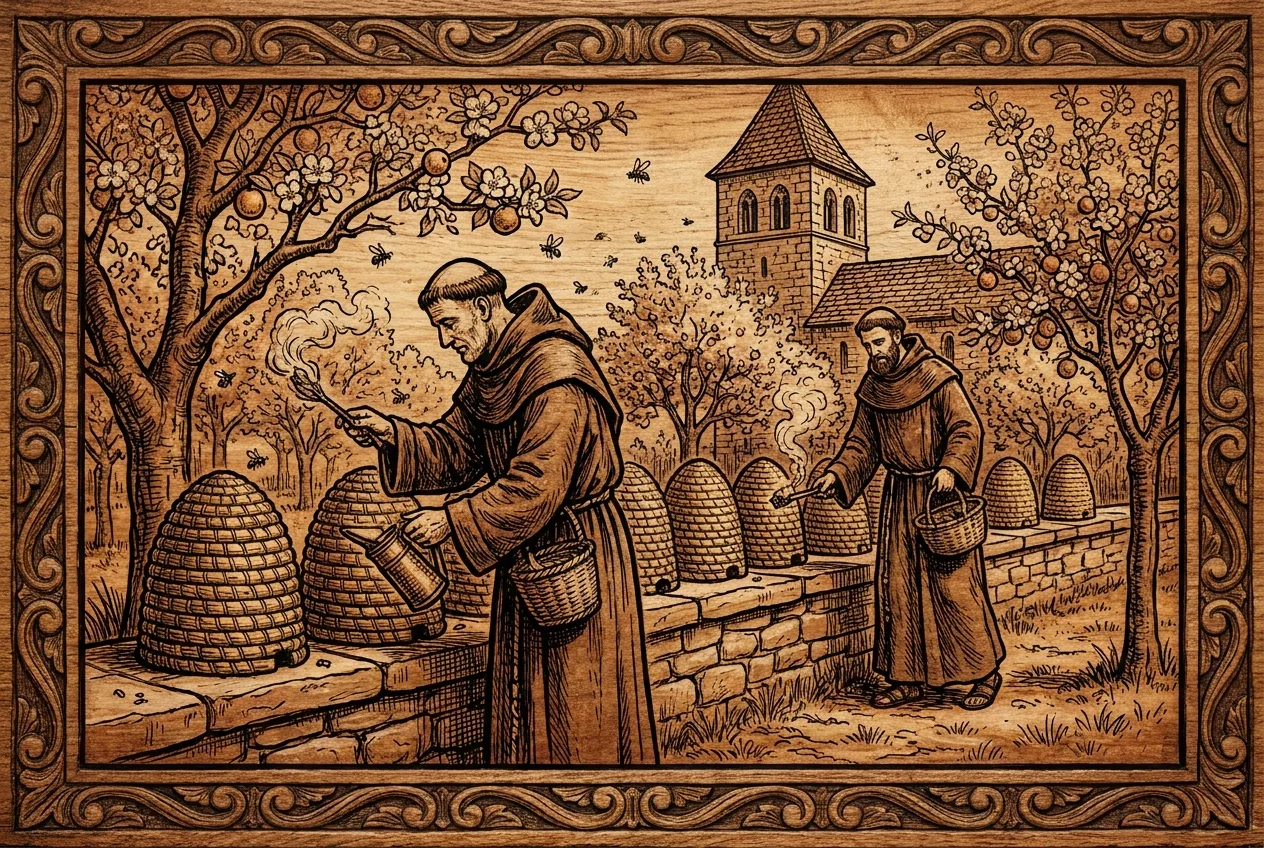 Monk beekeepers among traditional monastery beehives, woodcut style illustration