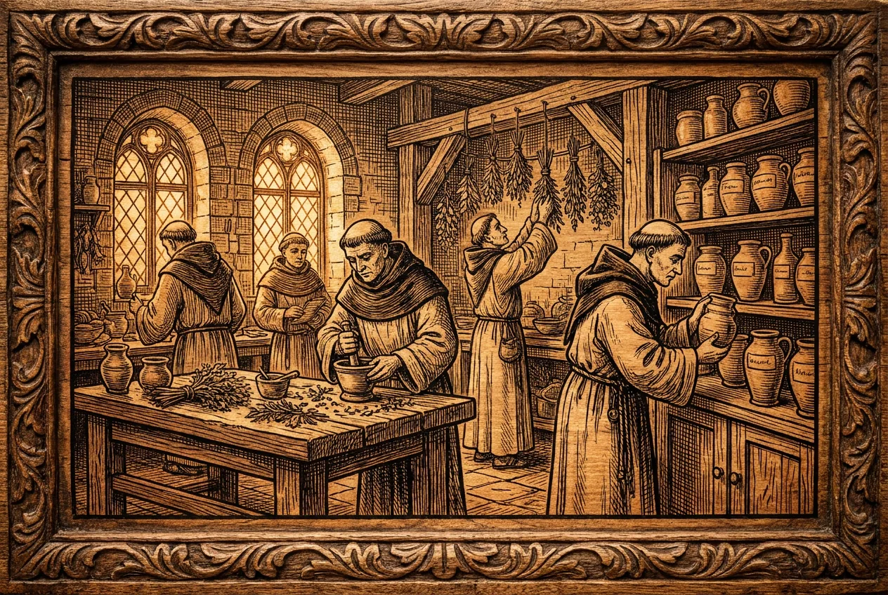 Ancient monastic pharmacy with shelves of labeled jars and dried herbs, monks preparing remedies at a workbench, in woodcut style