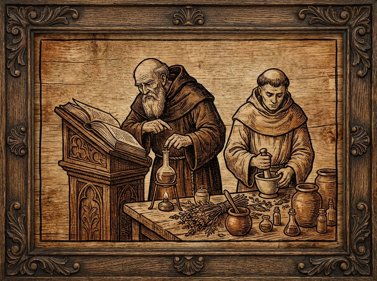 Elderly monk consulting an illuminated herbal manuscript while preparing a tincture, in woodcut style