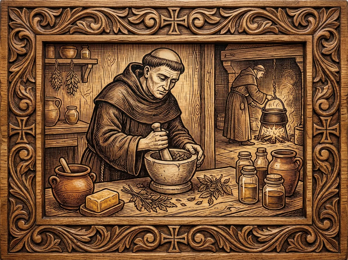 Monk grinding herbs in a mortar to prepare a healing ointment, in woodcut style
