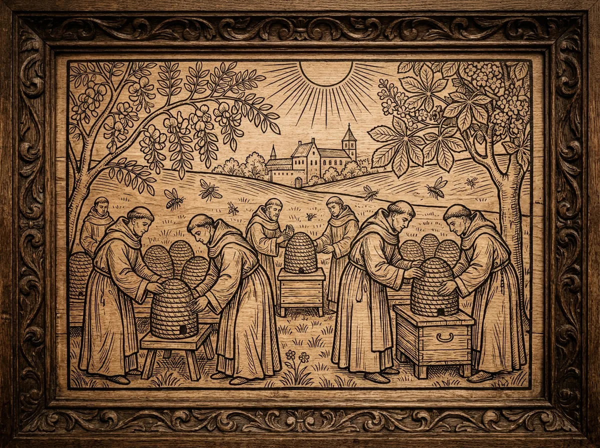 Monks tending beehives among flowering acacia and chestnut trees, in woodcut style