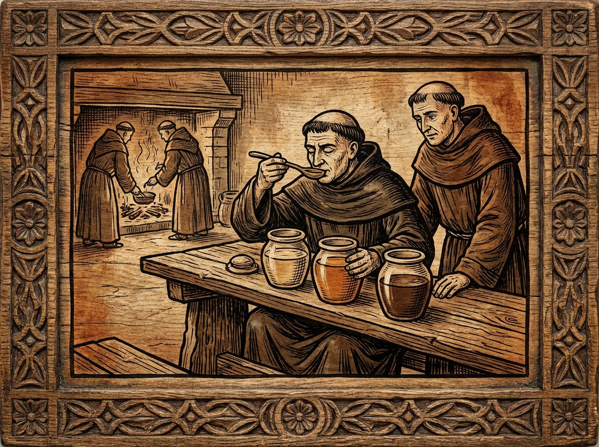 Monk tasting honey from a wooden spoon, comparing jars of different colors, in woodcut style