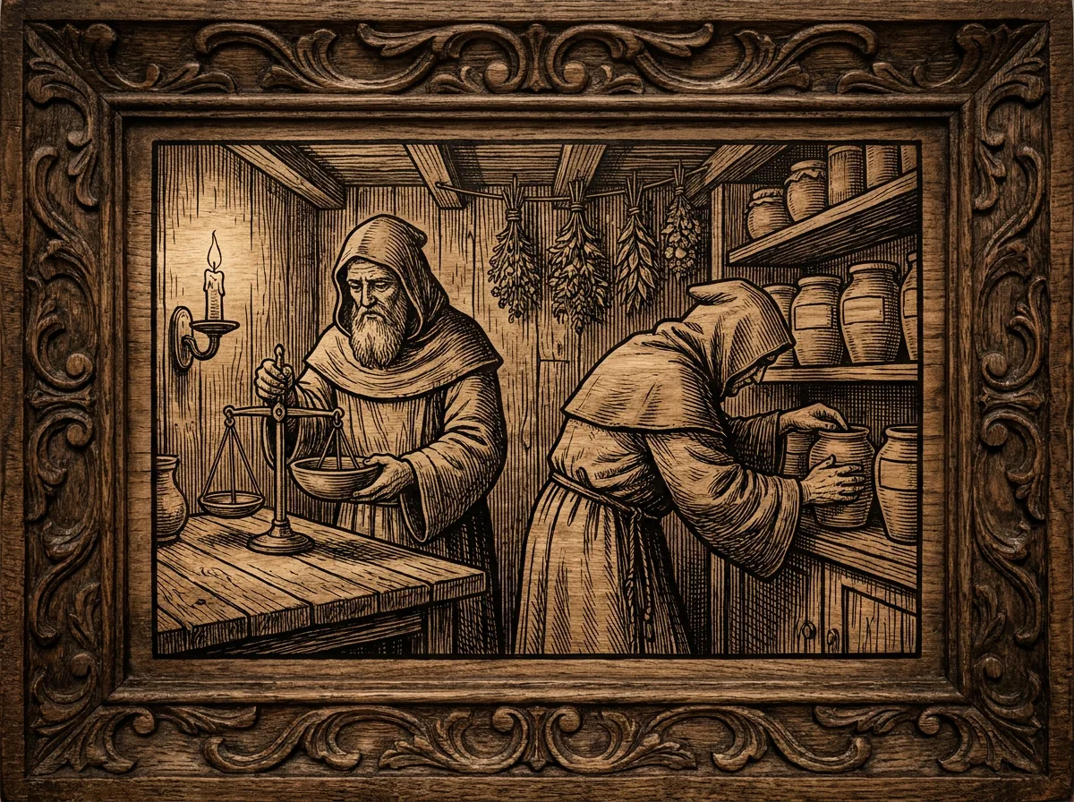 Mönch wählt getrocknete Kamille und Melisse aus Gläsern in der Klosterapotheke im Abendlicht