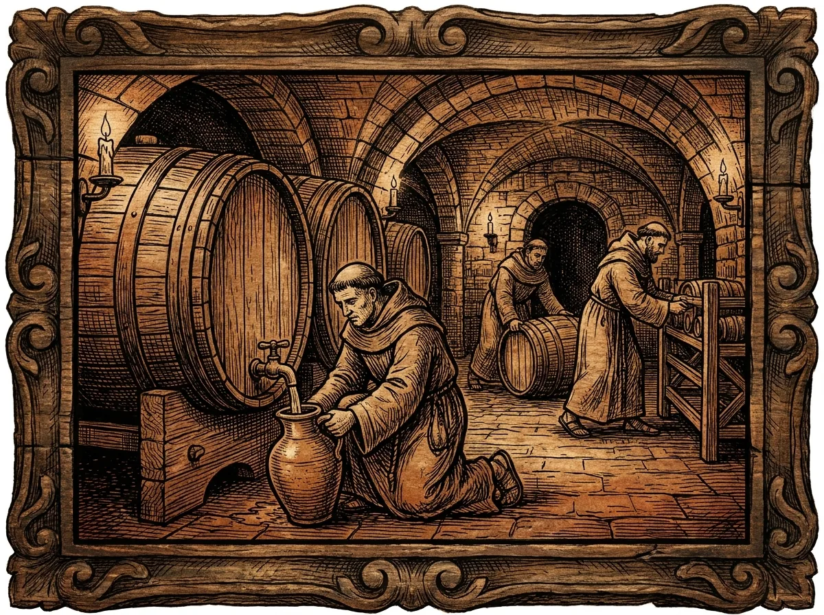 Un monaco che spilla il vino da una botte di rovere in una cantina voltata illuminata dalle candele e allineata di botti, illustrazione in stile incisione su legno