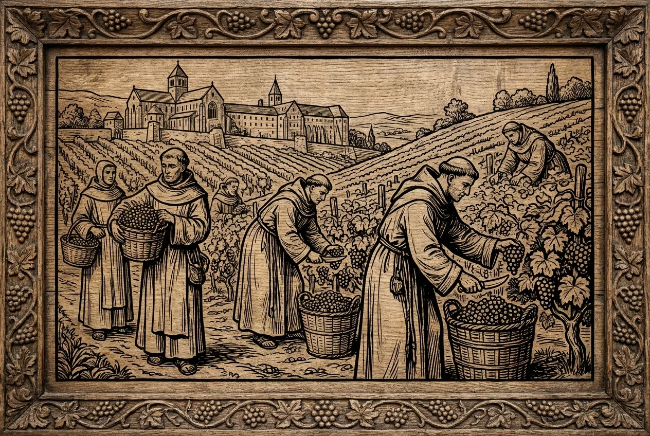Monaci che raccolgono l'uva in una vigna del monastero su una collina, con l'abbazia sullo sfondo, illustrazione in stile incisione su legno