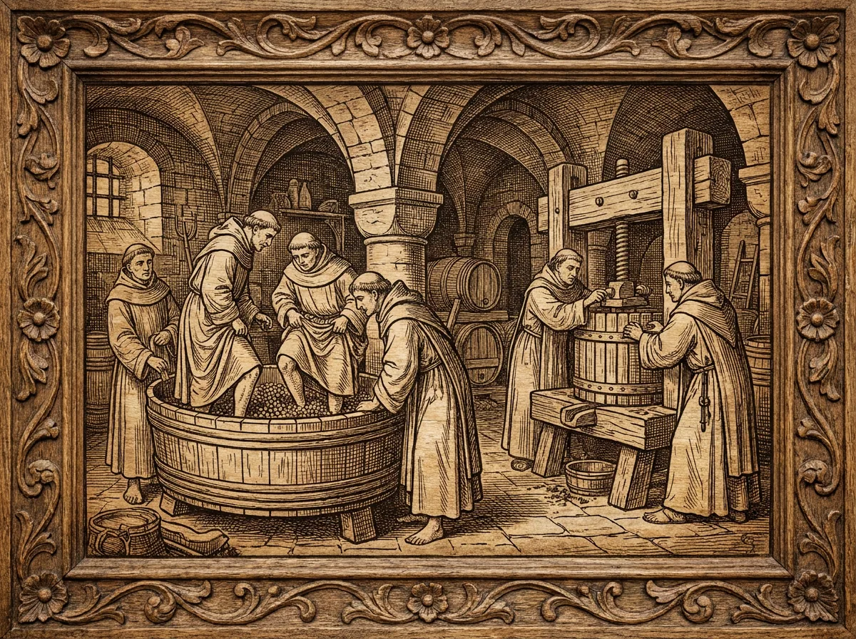 Monaci che pigiano e pressano l'uva in un grande torchio di legno all'interno di una cantina di pietra, illustrazione in stile incisione su legno